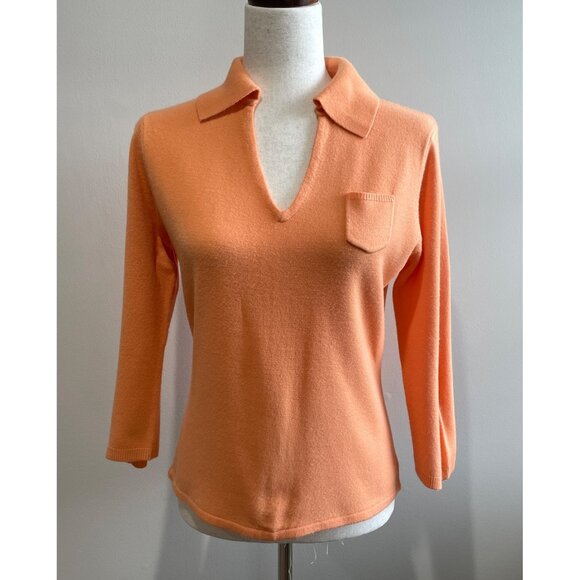 Sag Harbor Sweaters - VTG Sag Harbor V-Neck Collard Sweater Womens M Peach 3/4 Sleeve 100% Acrylic 90s